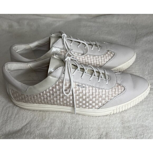 Geox Respira Womens Lace-Up Sneakers Size 10 White & Beige Leather & Woven - Picture 2 of 7